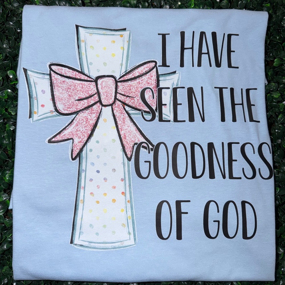 Gildan Light Blue Short Sleeve Tee with White Cross and Pink Bow